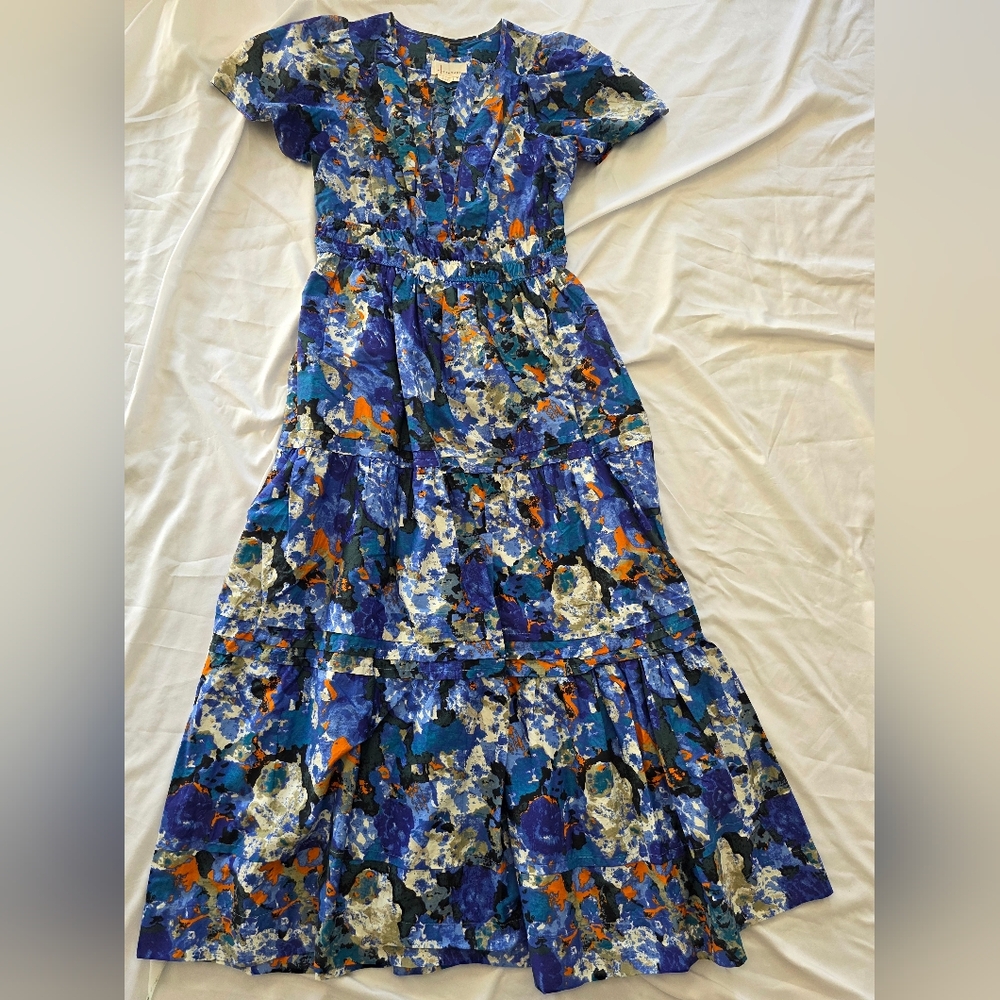 Anthropologie Blue and Orange Floral Maxi Dress